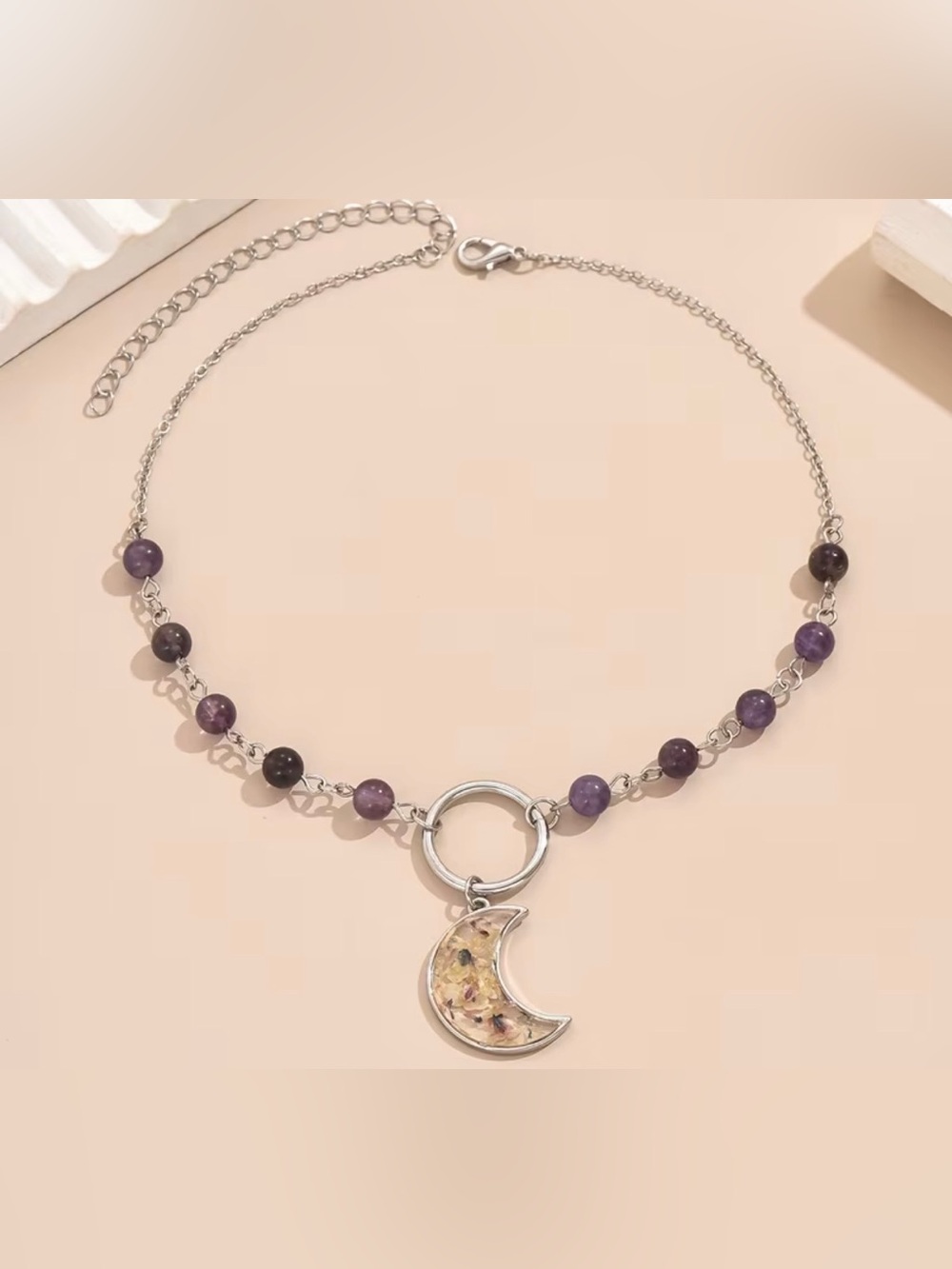 Celestial Pendant Choker Necklace with Simulated Amethyst Stone Beads✨ New